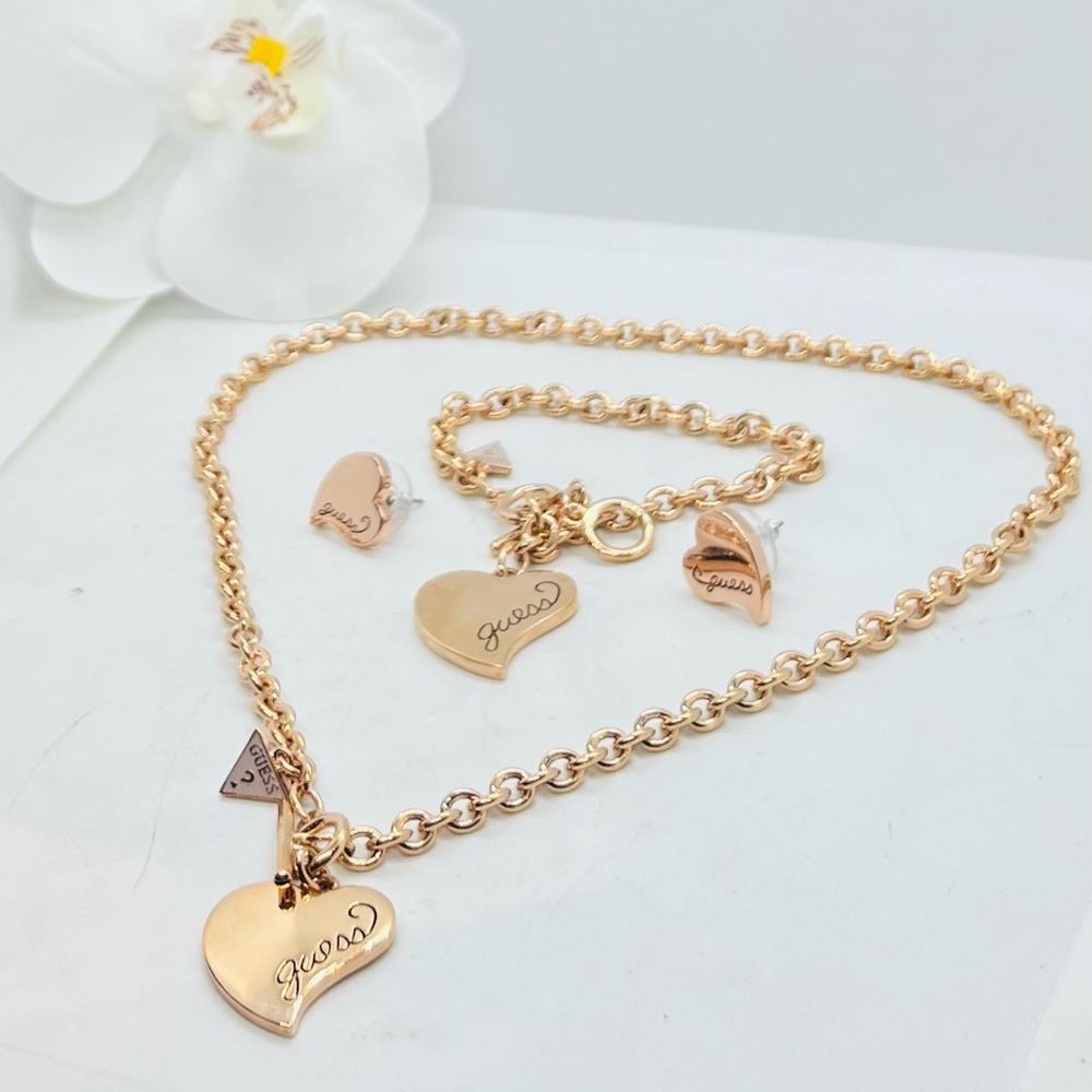 Guess Gold Heart Necklace and Bracelet , Earrings, Set of 3